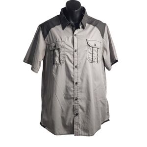 Broken Threads Shirt Mens Button Down Short Sleeve Grey Black Accents Size Large